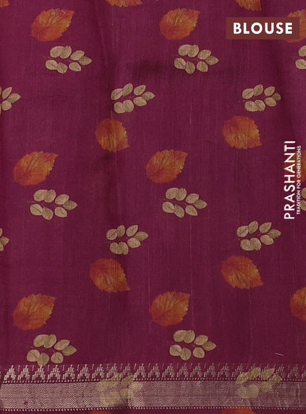 Organza tissue tussar silk saree wine with allover zari stripe pattern & leaf prints and zari woven border