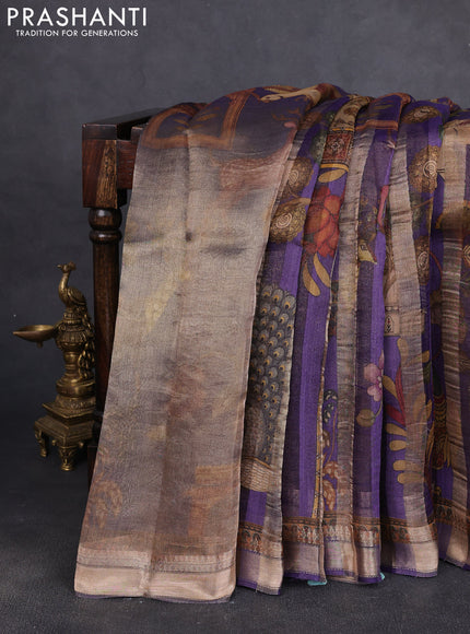 Organza tissue tussar silk saree violet with allover zari stripe pattern & kalamkari prints and zari woven border