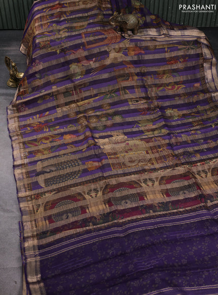 Organza tissue tussar silk saree violet with allover zari stripe pattern & kalamkari prints and zari woven border