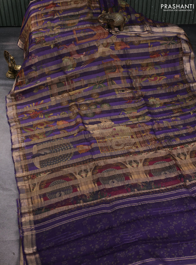 Organza tissue tussar silk saree violet with allover zari stripe pattern & kalamkari prints and zari woven border