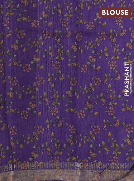 Organza tissue tussar silk saree violet with allover zari stripe pattern & kalamkari prints and zari woven border