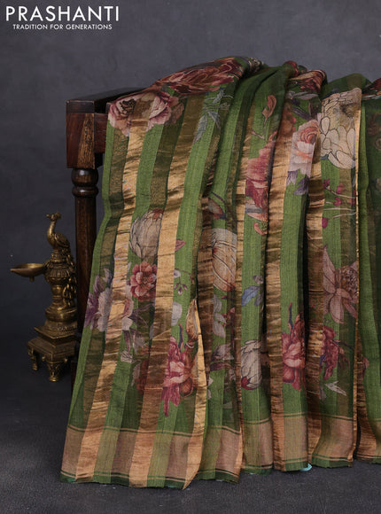 Organza tissue tussar silk saree green with allover zari stripe pattern & floral prints and zari woven border