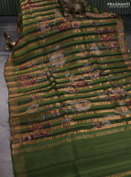 Organza tissue tussar silk saree green with allover zari stripe pattern & floral prints and zari woven border