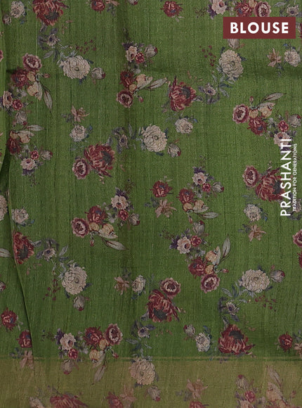 Organza tissue tussar silk saree green with allover zari stripe pattern & floral prints and zari woven border