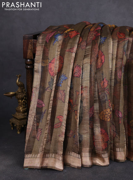 Organza tissue tussar silk saree dark olive green with allover zari stripe pattern & kalamkari prints and zari woven border