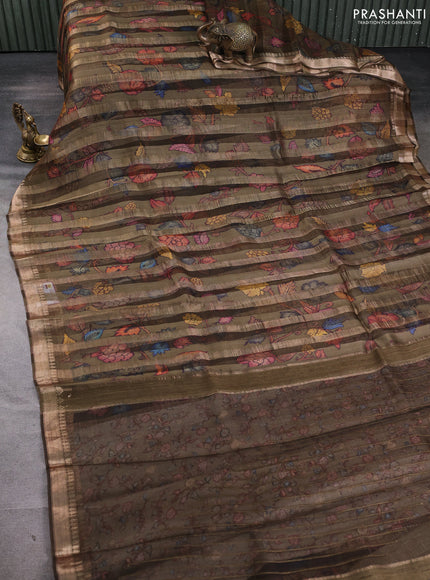Organza tissue tussar silk saree dark olive green with allover zari stripe pattern & kalamkari prints and zari woven border