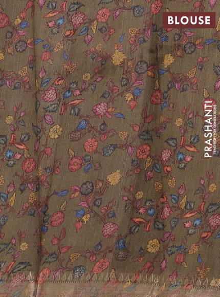 Organza tissue tussar silk saree dark olive green with allover zari stripe pattern & kalamkari prints and zari woven border