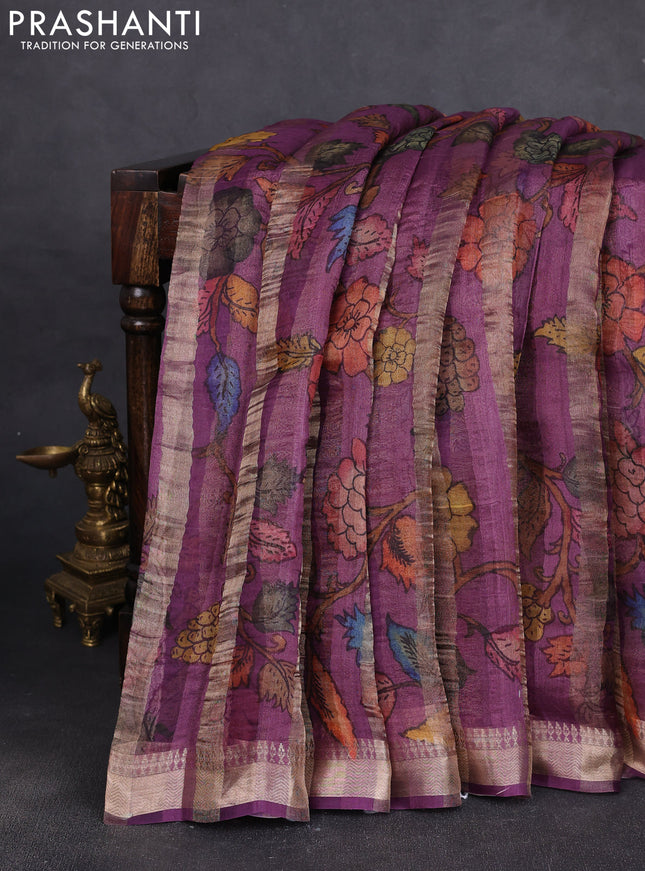 Organza tissue tussar silk saree magenta pink with allover zari stripe pattern & kalamkari prints and zari woven border