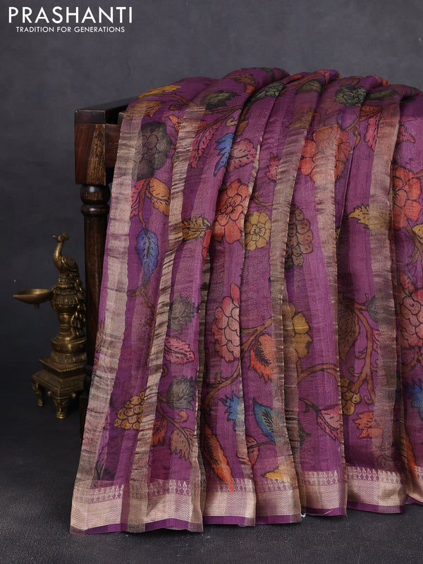 Organza tissue tussar silk saree magenta pink with allover zari stripe pattern & kalamkari prints and zari woven border