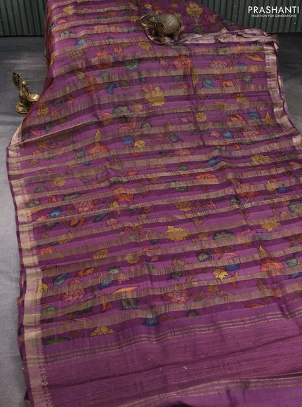 Organza tissue tussar silk saree magenta pink with allover zari stripe pattern & kalamkari prints and zari woven border