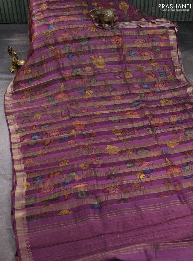 Organza tissue tussar silk saree magenta pink with allover zari stripe pattern & kalamkari prints and zari woven border