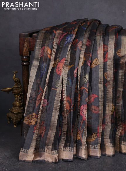 Organza tissue tussar silk saree black with allover zari stripe pattern & kalamkari prints and zari woven border