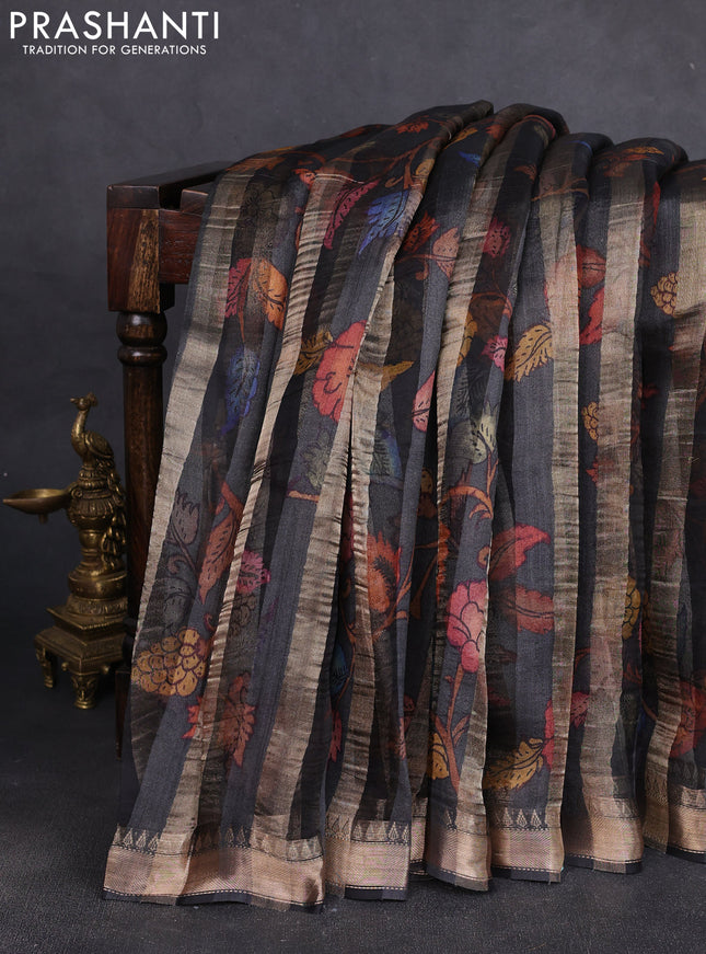 Organza tissue tussar silk saree black with allover zari stripe pattern & kalamkari prints and zari woven border