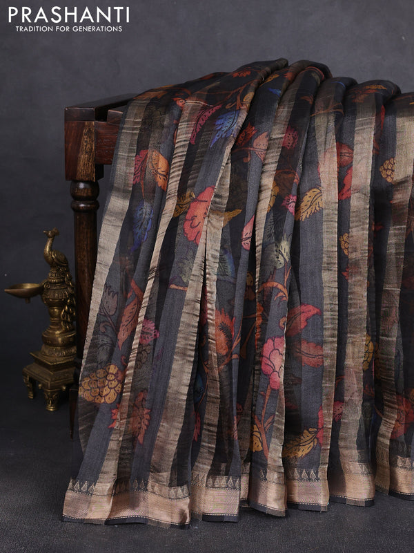 Organza tissue tussar silk saree black with allover zari stripe pattern & kalamkari prints and zari woven border