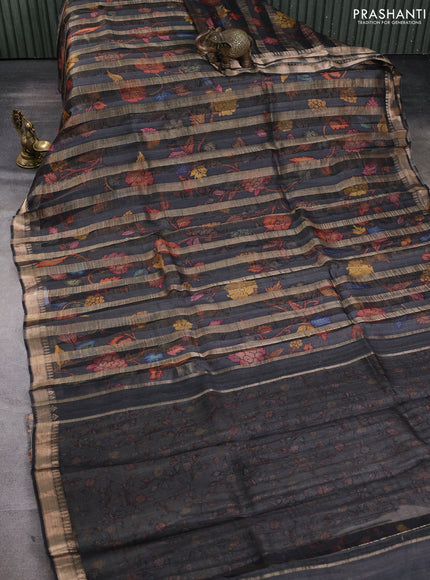 Organza tissue tussar silk saree black with allover zari stripe pattern & kalamkari prints and zari woven border