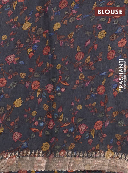 Organza tissue tussar silk saree black with allover zari stripe pattern & kalamkari prints and zari woven border