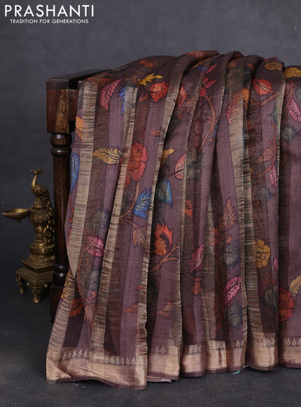 Organza tissue tussar silk saree rosy brown with allover zari stripe pattern & kalamkari prints and zari woven border