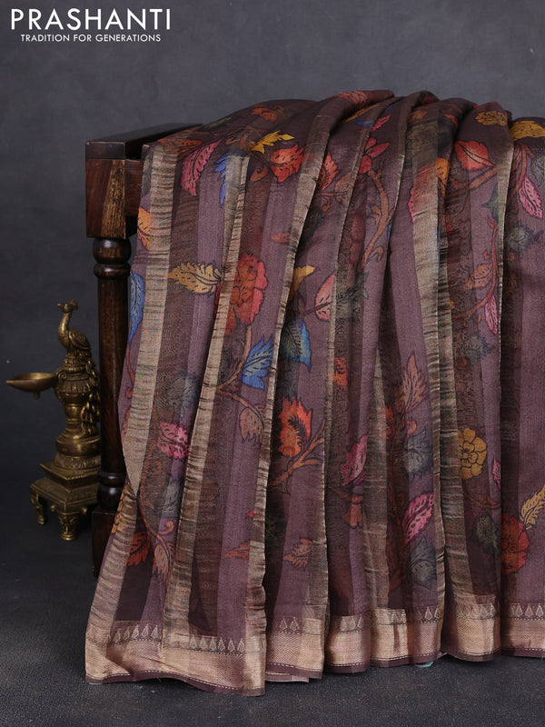 Organza tissue tussar silk saree rosy brown with allover zari stripe pattern & kalamkari prints and zari woven border