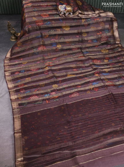 Organza tissue tussar silk saree rosy brown with allover zari stripe pattern & kalamkari prints and zari woven border