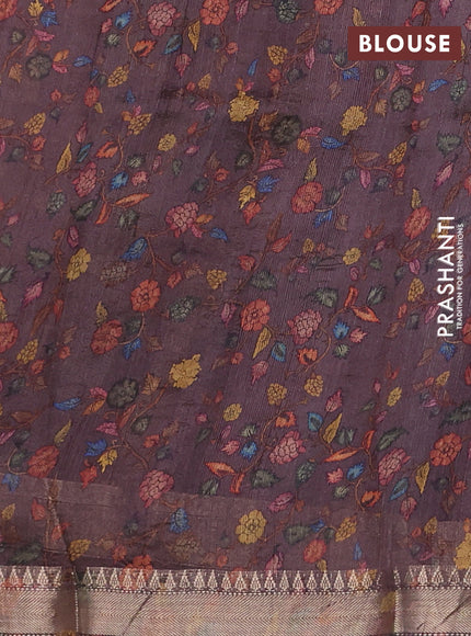 Organza tissue tussar silk saree rosy brown with allover zari stripe pattern & kalamkari prints and zari woven border