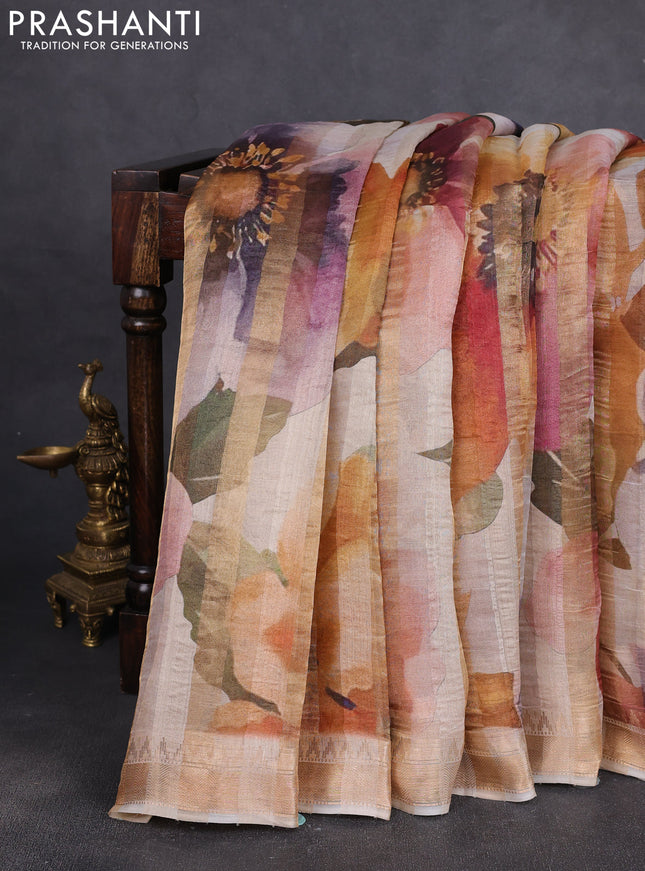 Organza tissue tussar silk saree off white with allover zari stripe pattern & floral prints and zari woven border