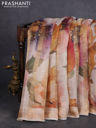 Organza tissue tussar silk saree off white with allover zari stripe pattern & floral prints and zari woven border