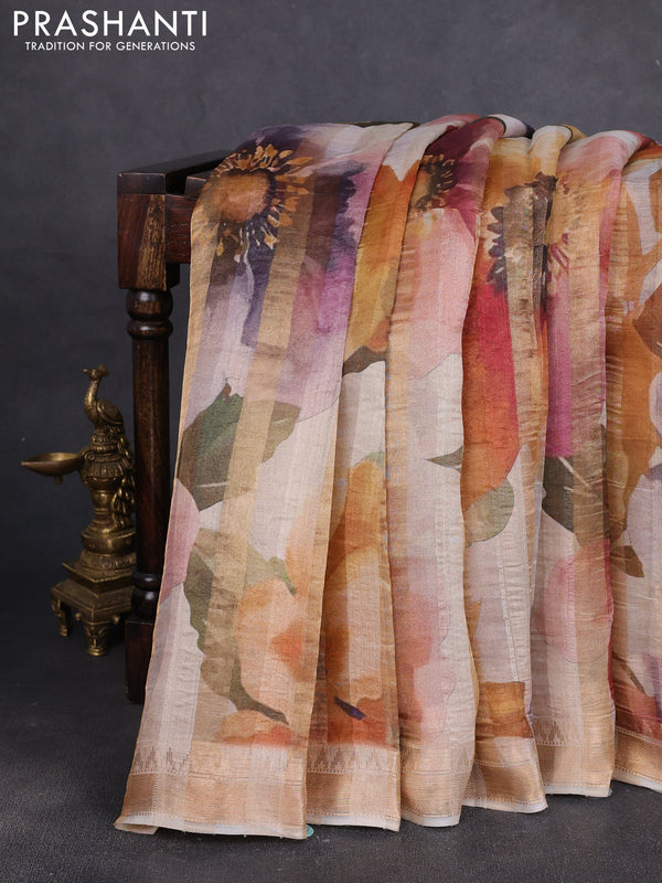 Organza tissue tussar silk saree off white with allover zari stripe pattern & floral prints and zari woven border
