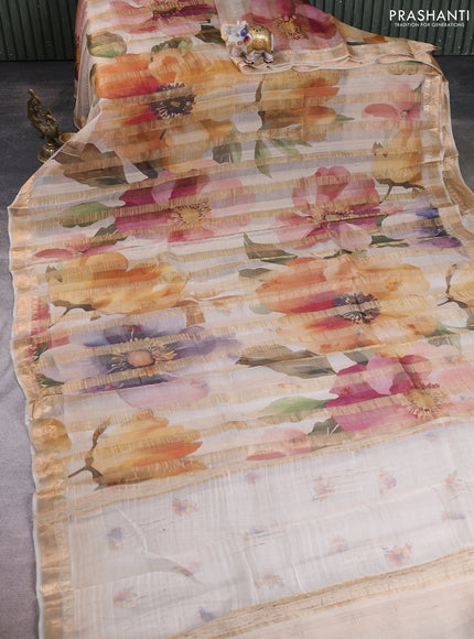 Organza tissue tussar silk saree off white with allover zari stripe pattern & floral prints and zari woven border