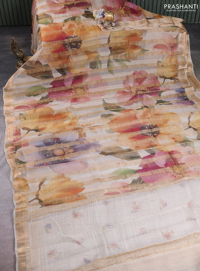 Organza tissue tussar silk saree off white with allover zari stripe pattern & floral prints and zari woven border