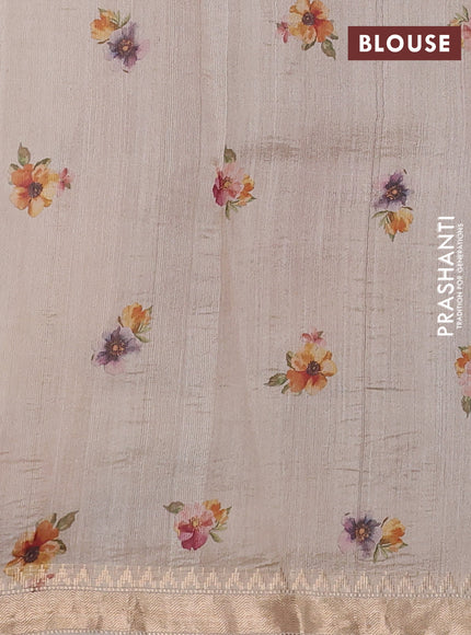 Organza tissue tussar silk saree off white with allover zari stripe pattern & floral prints and zari woven border