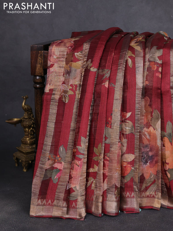 Organza tissue tussar silk saree maroon with allover zari stripe pattern & floral prints and zari woven border