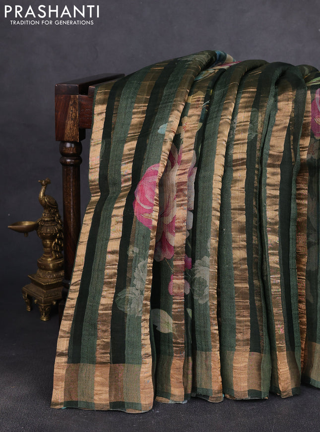 Organza tissue tussar silk saree bottle green with allover zari stripe pattern & floral prints and zari woven border