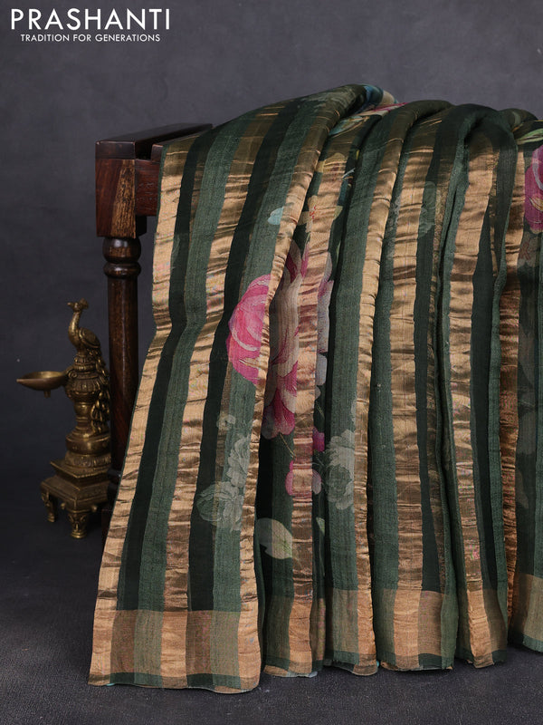 Organza tissue tussar silk saree bottle green with allover zari stripe pattern & floral prints and zari woven border