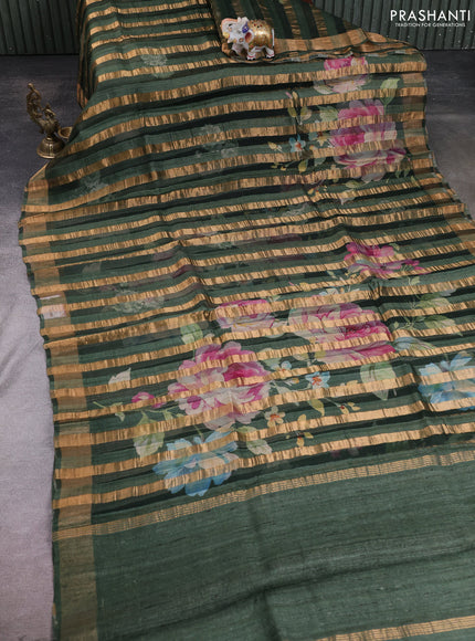 Organza tissue tussar silk saree bottle green with allover zari stripe pattern & floral prints and zari woven border