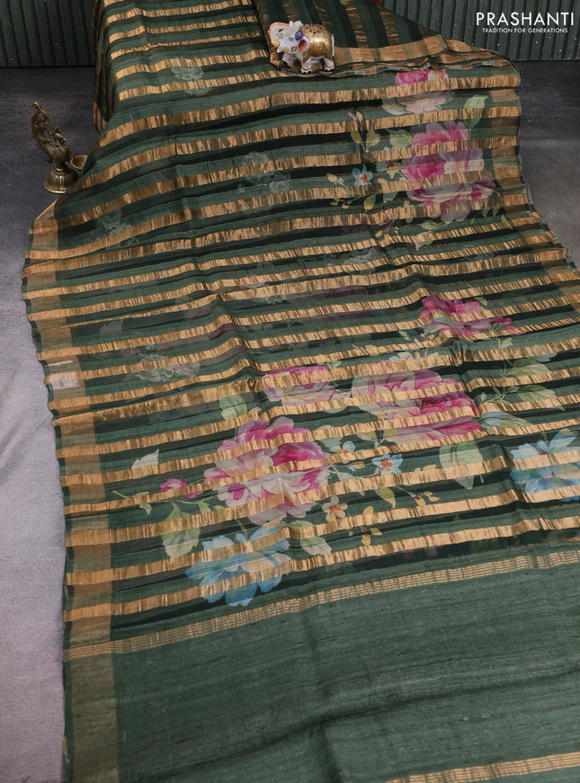 Organza tissue tussar silk saree bottle green with allover zari stripe pattern & floral prints and zari woven border