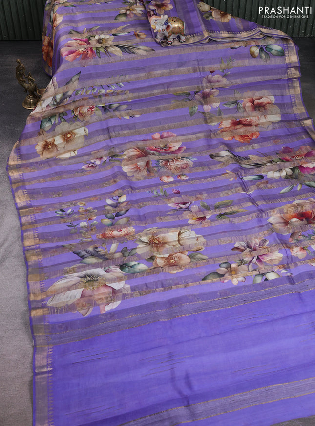 Organza tissue tussar silk saree lavender with allover zari stripe pattern & floral prints and zari woven border