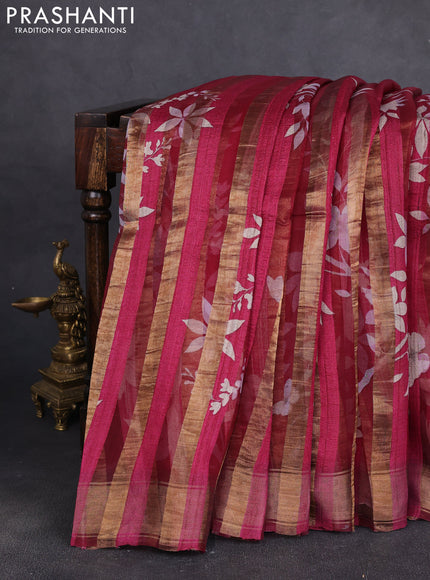 Organza tissue tussar silk saree magenta pink with allover zari stripe pattern & floral prints and zari woven border
