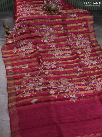 Organza tissue tussar silk saree magenta pink with allover zari stripe pattern & floral prints and zari woven border