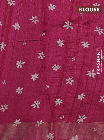 Organza tissue tussar silk saree magenta pink with allover zari stripe pattern & floral prints and zari woven border