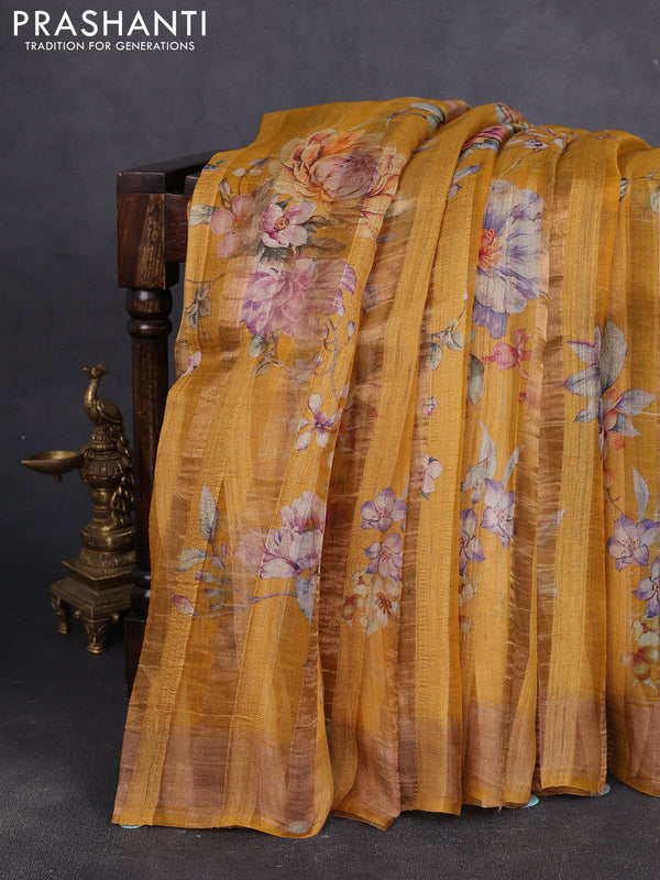 Organza tissue tussar silk saree mustard yellow with allover zari stripe pattern & floral prints and zari woven border