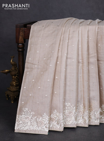 Pure tussar silk saree beige with allover embroidery work butats and parsi embroidery border