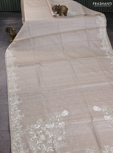 Pure tussar silk saree beige with allover embroidery work butats and parsi embroidery border