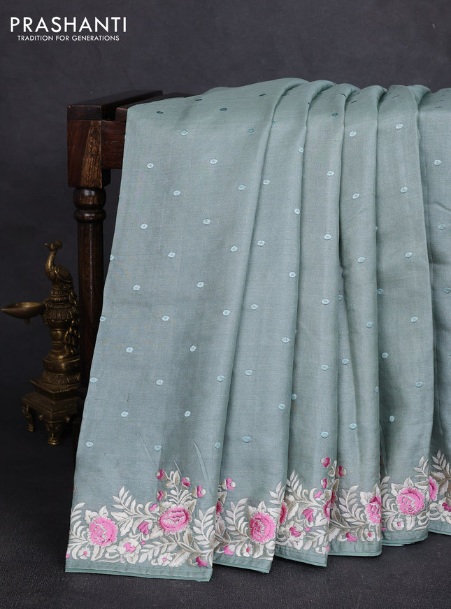Pure tussar silk saree pastel green with allover embroidery work butats and parsi embroidery border