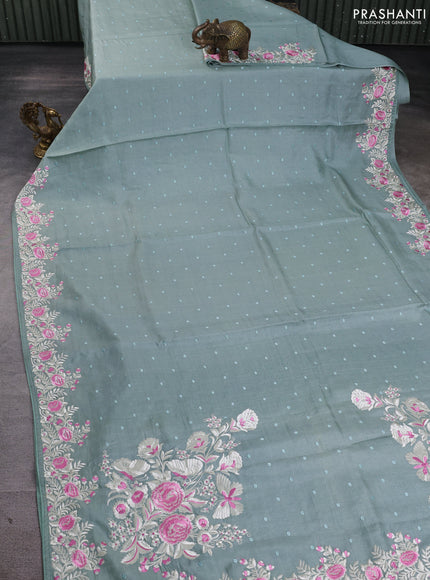 Pure tussar silk saree pastel green with allover embroidery work butats and parsi embroidery border
