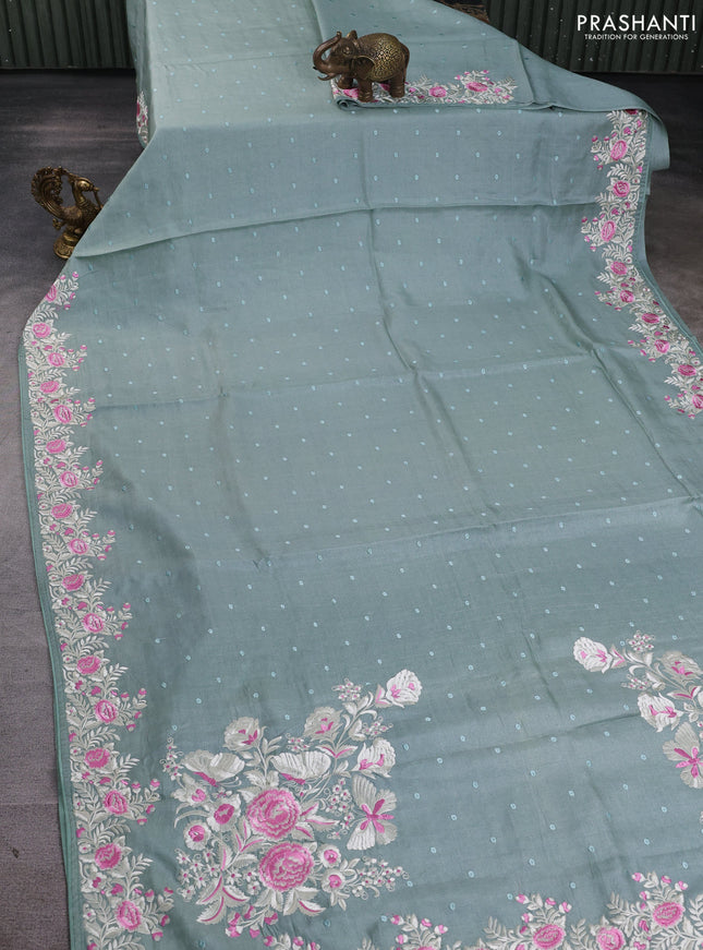 Pure tussar silk saree pastel green with allover embroidery work butats and parsi embroidery border