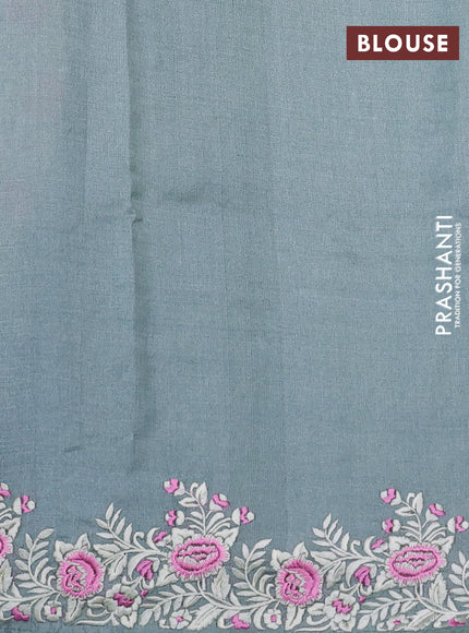 Pure tussar silk saree pastel green with allover embroidery work butats and parsi embroidery border
