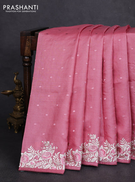 Pure tussar silk saree peach shade with allover embroidery work butats and parsi embroidery border