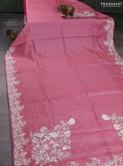 Pure tussar silk saree peach shade with allover embroidery work butats and parsi embroidery border