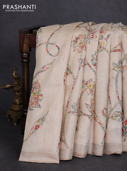 Pure tussar silk saree cream with allover prints & kantha stitch work and zari woven border