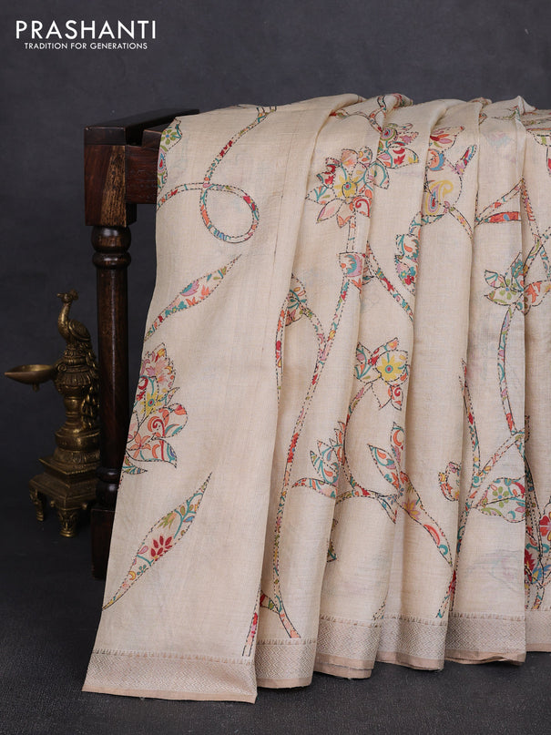 Pure tussar silk saree cream with allover prints & kantha stitch work and zari woven border